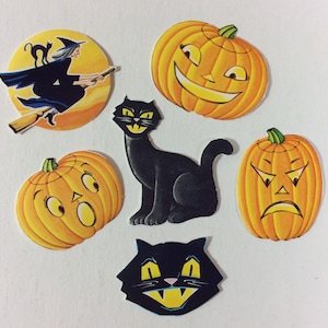 6 Spooky Halloween Witch Black Cat Pumpkin JOL Dennison Eureka Vintage 1950s Seals Stickers