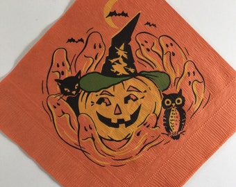 Ghostly Ghosts Witch Hat JOL Pumpkin Black Cat & Owl Vintage 1940s Unused Dennison Halloween Paper Napkin