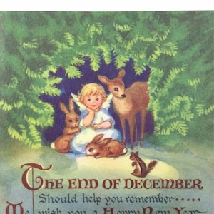 Child Angel In Woods With Deer Bunny Rabbit Vintage 1950s Unused Brownie Christmas Xmas Card