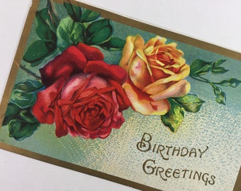 Yellow & Red Rose Vintage 1910s Gold Embossed Germany Happy Birthday Greeting Postcard Card