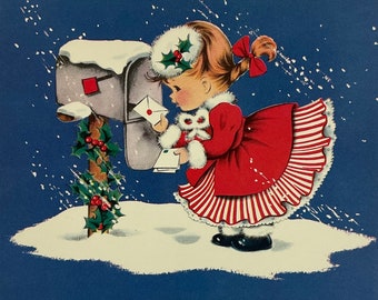 Fancy Dress Little Girl Mailing Letters Vintage 1950s Unused Norcross Christmas Xmas Holiday Greeting Card