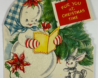 Fuzzy Flocked Snowman Bunny Rabbit & Bird Caroling Vintage 1940s Unused American Greetings Christmas Xmas Holiday Greeting Card