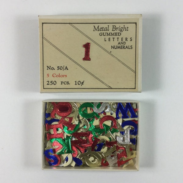 Box of Vintage 1940s Metal Bright Gummed Letter & Number Seal Stickers in their Original Box