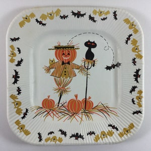 Scarecrow JOL Halloween Pumpkin Black Cat Bats & Owls Vintage 1940s Unused American Greetings Paper Plate