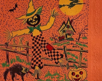 JOL Pumpkin Scarecrow Black Cat Bats Haunted House & Witch Vintage 1940s Unused Halloween Paper Napkin