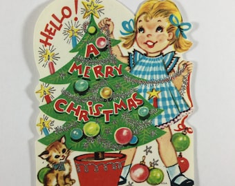 Pigtail Little Girl & Kitten Decorating Xmas Tree Vintage 1950s Unused Glitter Christmas Greeting Card Ornament