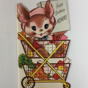 Polka Dot Coat Bunny Rabbit Inside Shopping Cart Vintage 1940s Unused Birthday Greeting Card
