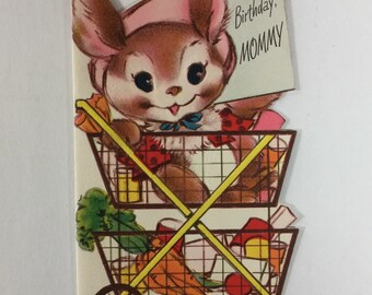 Polka Dot Coat Bunny Rabbit Inside Shopping Cart Vintage 1940s Unused Birthday Greeting Card