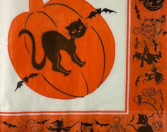 May include: Orange and white Halloween themed fabric with a black cat silhouette on a pumpkin, and a border of black silhouettes of bats, skeletons, owls, and ghosts.