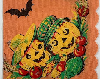 Anthro Anthropomorphic JOL Pumpkin Farmers & Black Bats Vintage 1940s Unused Halloween Paper Napkin