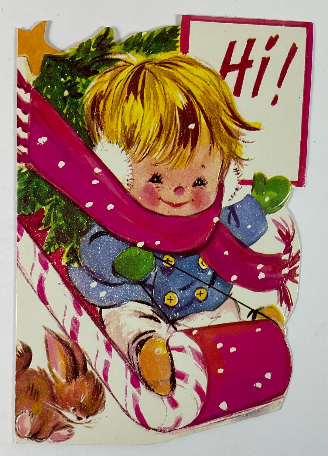 Pink Scarf Little Boy & Bunny Rabbit Sliding on a Candy Cane Sled ...