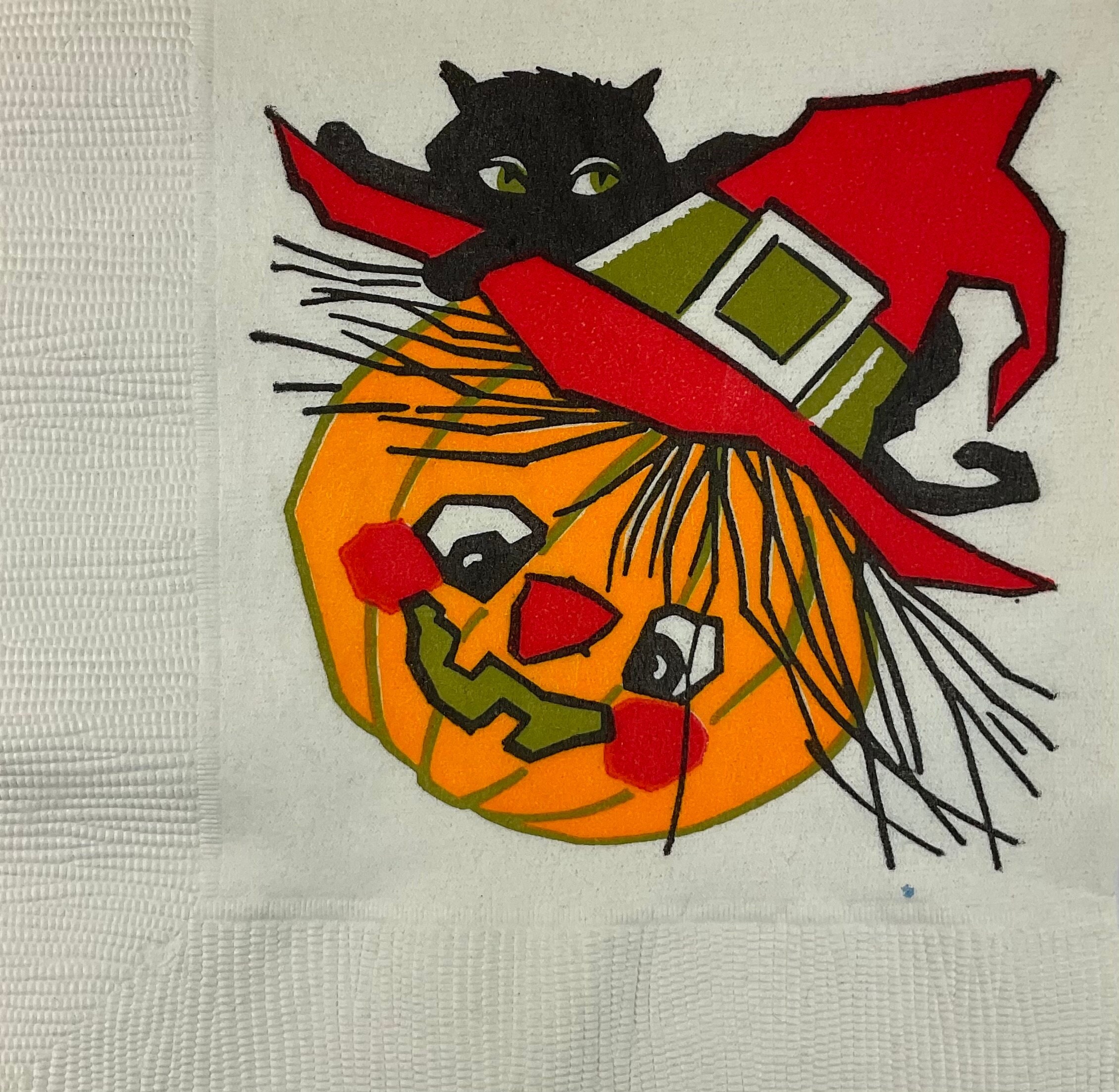 Witch Hat JOL Pumpkin & Black Cat Halloween Vintage 1950s Unused Paper ...