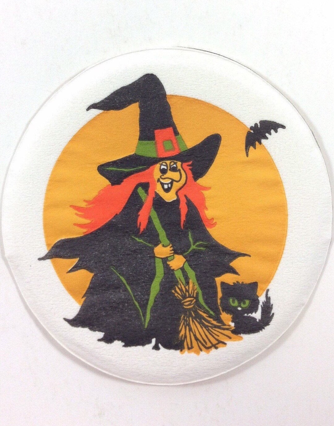 Halloween Witch With Broomstick Black Cat Kitten Flying Bat Vintage ...