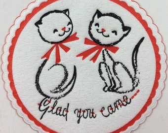 2 Outlined Kitten Cats Red Bows Vintage 1950s Unused Paper Coaster