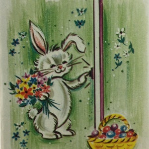 Doorbell Ringing Easter Bunny Rabbit Delivering Eggs Vintage 1940s Unused Curran Bridge Tally Game Card