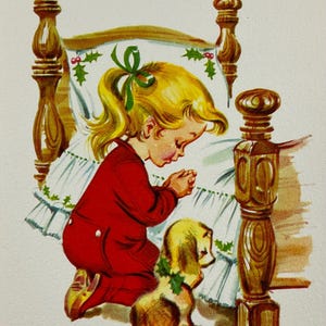May include: Vintage Christmas card illustration featuring a young girl in red pajamas kneeling beside a bed, with a small dog. The girl has blonde hair and is praying. The card reads "A Very Merry Christmas".