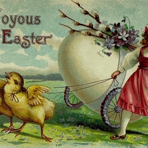 Chicks Pulling a Pussywillow Violets Egg Cart & Little Girl Vintage Antique 1900s Embossed Easter Greeting Postcard Card