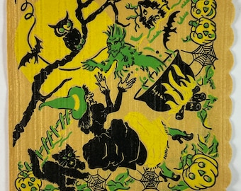 Witch Cooking Goblin Stew Black Cat Owl Bats & JOL Pumpkin Vintage 1940s Unused Paper Napkin