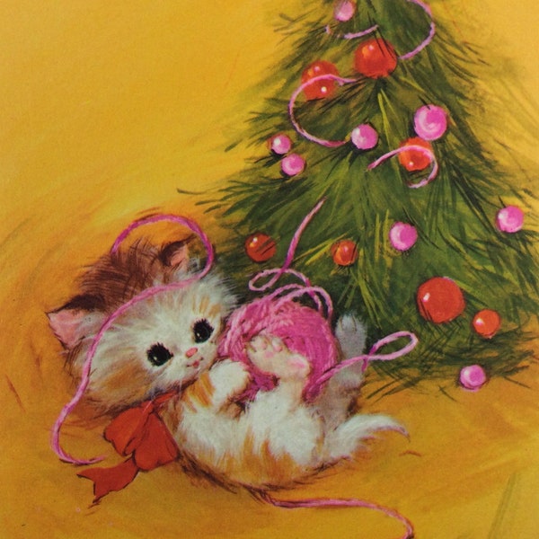 Pink Yarn Playing Kitty Cat Kitten by an Ornament Tree Vintage Unused American Greetings Christmas Xmas Greeting Card