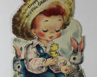 Farmer Boy Baby Chicks & Bunnies Vintage 1948 Hallmark Easter Greeting Card