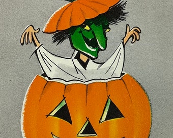 Green Goblin Ghost & JOL Pumpkin Halloween Vintage 1940s Unused American Greetings Party Invitation Card