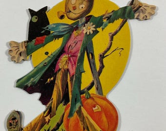 Gypsy Hobo Scarecrow Owl Mouse & JOL Pumpkin Vintage 1940s Unused Dennison Halloween Cardboard Cutout Diecut Decoration