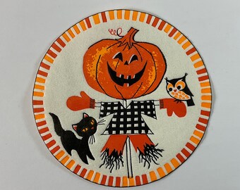 Halloween JOL Pumpkin Scarecrow Black Cat & Owl Vintage 1952 Unused Rust Craft Brownie Coaster