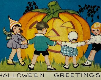 Children Dancing Around JOL Pumpkin Vintage Antique 1900s Whitney Halloween Greeting Postcard Card