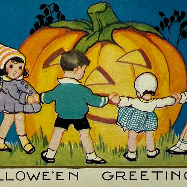 Children Dancing Around JOL Pumpkin Vintage Antique 1900s Whitney Halloween Greeting Postcard Card
