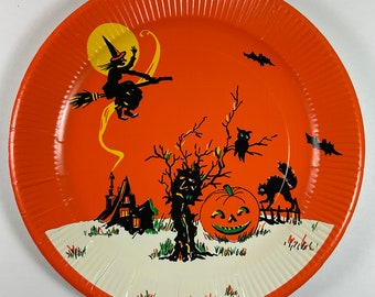 Witch Black Cat Haunted Tree Owls Bats & JOL Pumpkin Vintage 1950s Unused Halloween Paper Plate