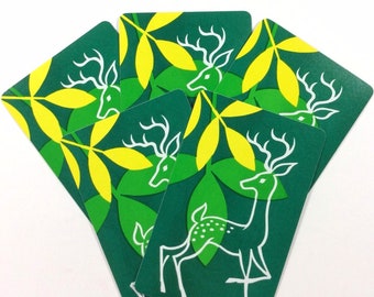 5 Art Deco Retro Reindeer Deer Green & Yellow Leaves Vintage Playing Swap Cards
