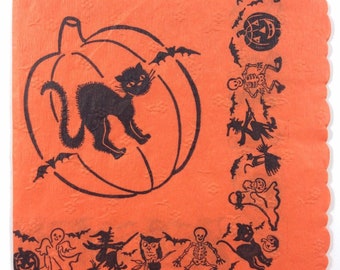 Black Kitten Cat Pumpkin Ghost Witch Owl Border Vintage 1940s Unused Halloween Paper Napkin