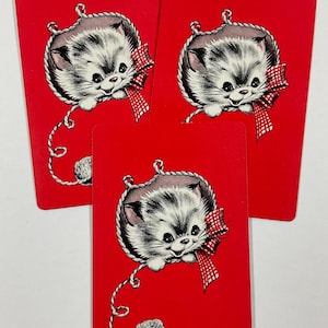 3 Red Bow Pink Nose Sewing Yarn Playing Kitty Cat Kittens Vintage Playing Swap Cards
