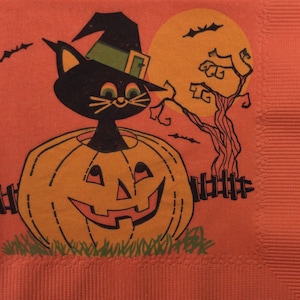 Watch Hat Wearing Black Cat Bats JOL Pumpkin Vintage 1940s Unused Halloween Paper Napkin