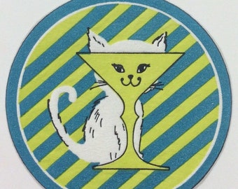 Anthro Anthropomorphic Blue Green Cat Kitten Champagne Wine Glass Vintage 1950s Unused Paper Coaster