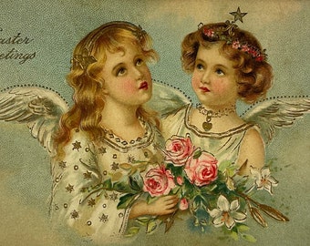 Beautiful Gold Detailed Sweet Angels Roses & Lily Flowers Vintage Antique 1900s Embossed Easter Greeting Postcard Card