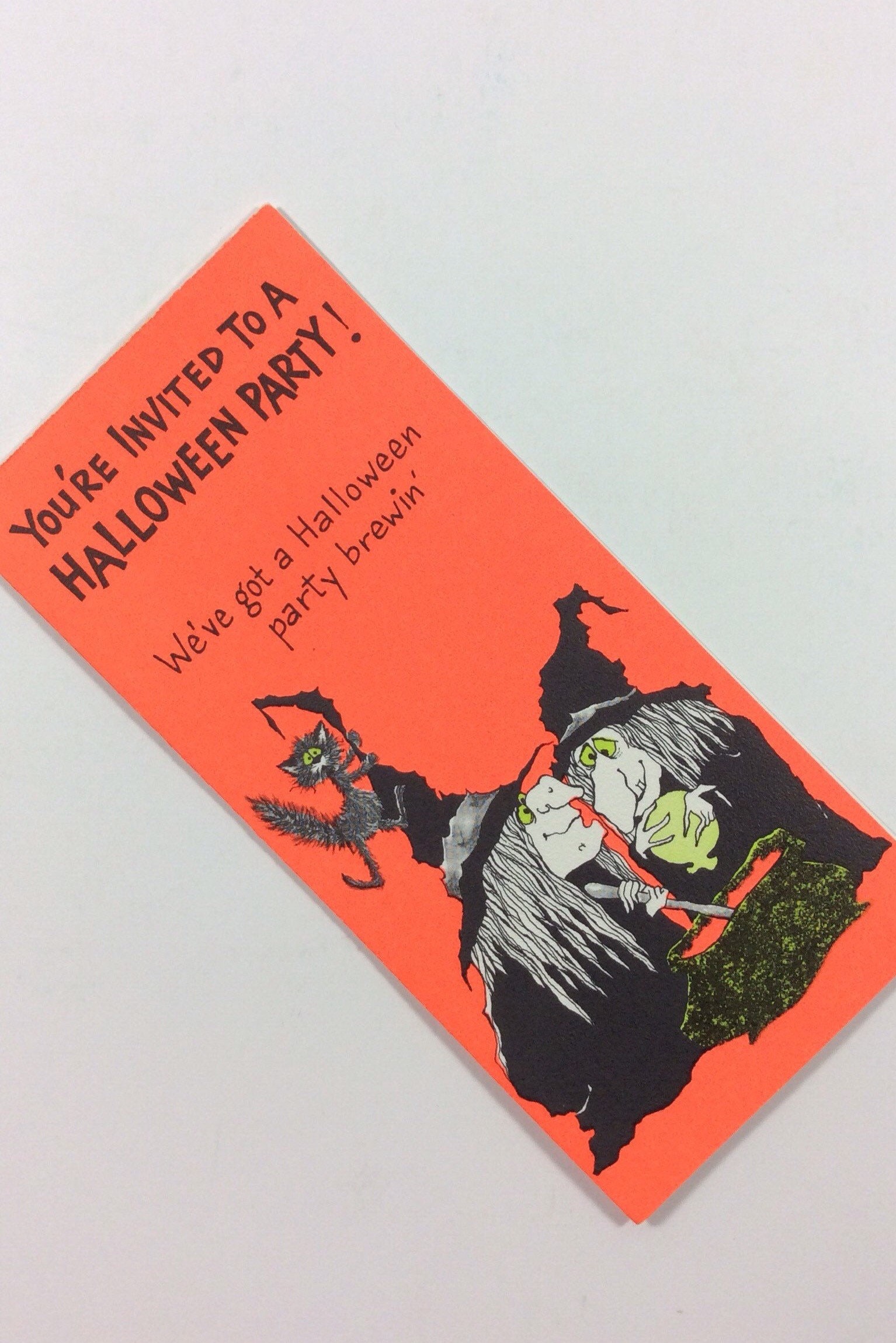 Spooky Witches Brewing Caldron Potion Vintage 1950s Unused Forget Me Not Halloween Party Invitation Greeting Card