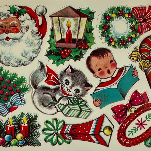Complete Sheet of 10 Vintage 1950s Christmas Xmas Santa Cat Candy Cane Wreath Tree Candles Ornament Seals Stickers