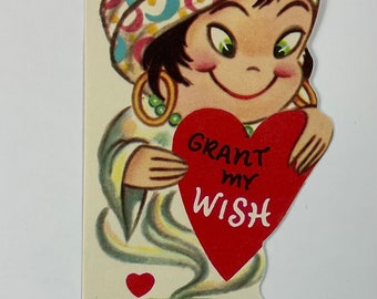 Grant My Wish Genie Fortune Teller in a Bottle Vintage 1950s Unused Valentine Greeting Day Card