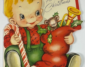 Green Jeans Little Boy Holding Christmas Stocking & Candy Cane Vintage 1940s Unused American Greetings Xmas Greeting