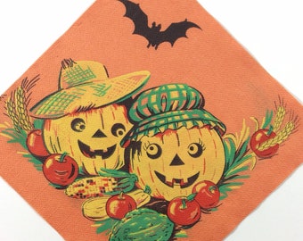 JOL Pumpkin Straw Hat Corn Apples Harvest Vintage 1940s Unused Beach Products Halloween Paper Napkin