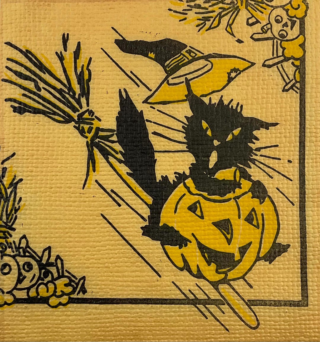 Witch Black Cat Riding on JOL Pumpkin Broomstick Vintage 1940s Unused ...