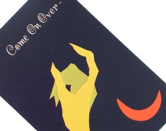 Witch Hand Orange Crescent Moon Vintage 1950s Unused Hallmark Halloween Party Invitation Greeting Card