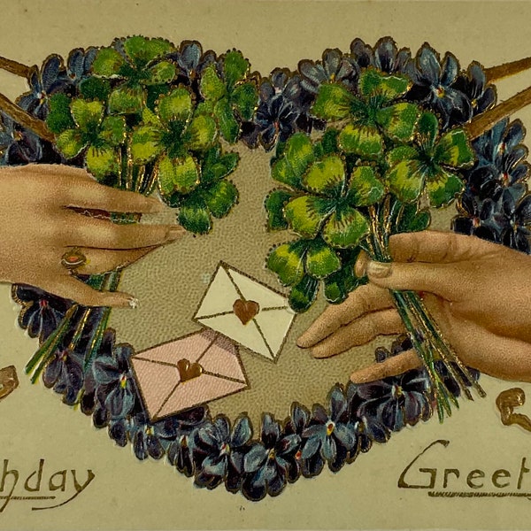 Hands Sharing Good Luck 4 Leaf Clovers & Heart of Violets Vintage Antique 1908 Embossed Birthday Greeting Postcard Card