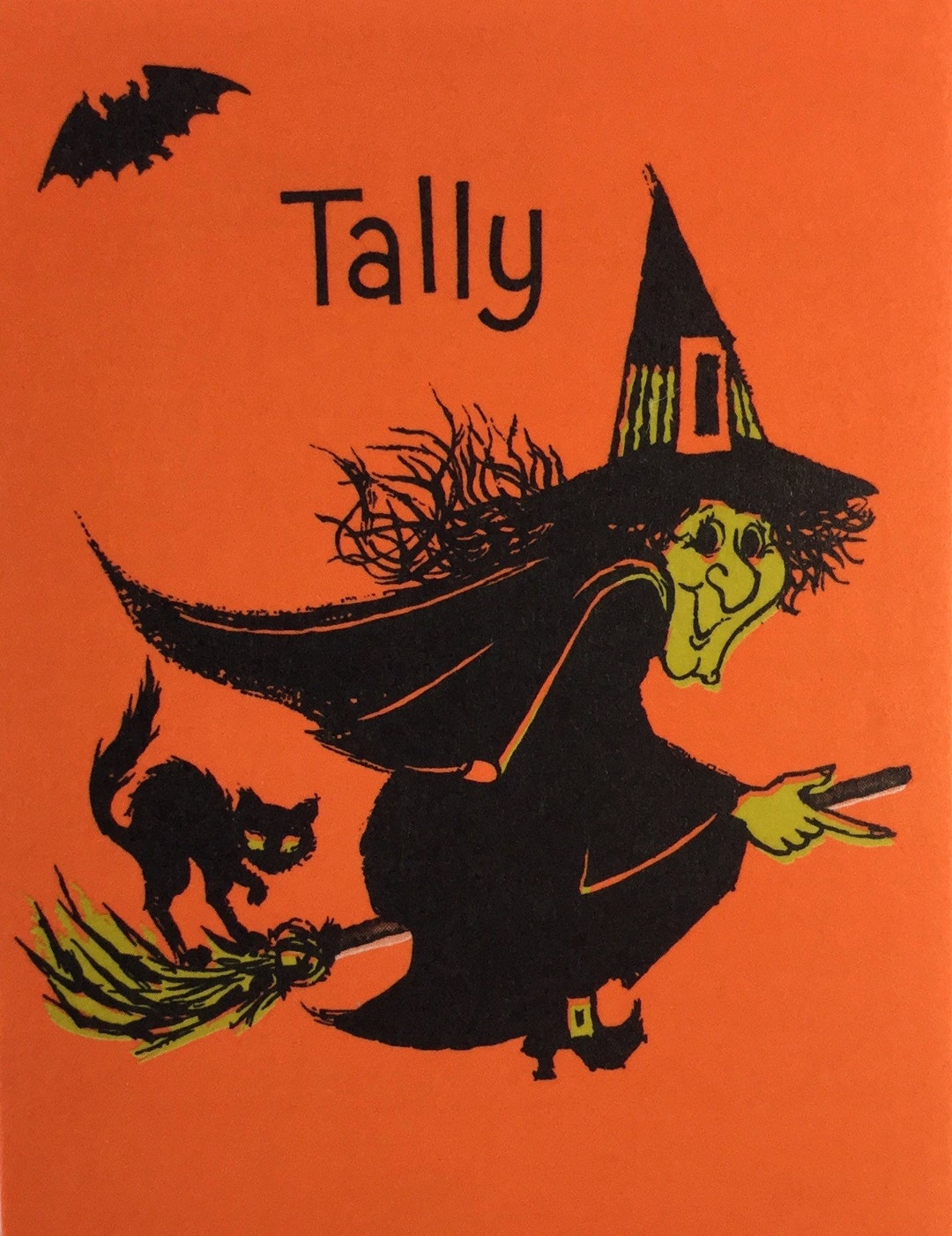 Broomstick Riding Halloween Witch Black Cat & Bat Vintage 1940s Unused