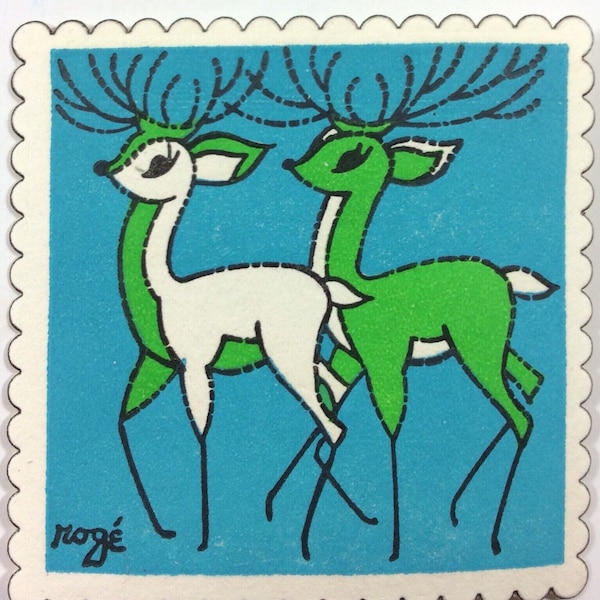 Art Deco Retro Green & White Reindeer Deer Vintage 1950s Unused Christmas Paper Coaster