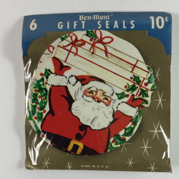 6 Overhead Holding Santa Claus 1940s Ben-Mont Christmas Seal Stickers