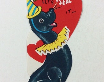Seal Dressed Performing Tricks Vintage 1950s Unused Valentine Novelty Greeting Day Card