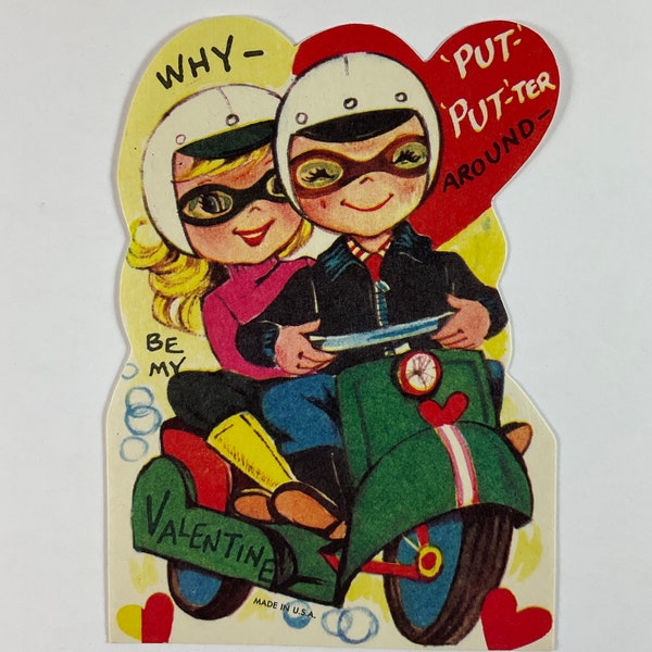 Children Riding on Motorcycle Scooter Vintage Unused Valentine Greeting Day Card