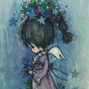 May include: A watercolor painting of an angel with blue stars in her hair and a purple dress. She is holding a bouquet of blue stars in her hand.